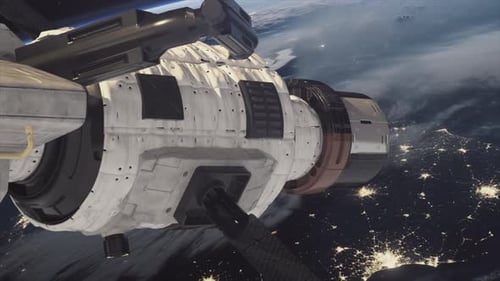 Ein Blick auf die Erde und ein Raumschiff Die Internationale Raumstation umkreist den Erdsatelliten in