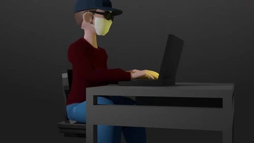 Animated Hacker Typing on Laptop with Glitch Effect Screen