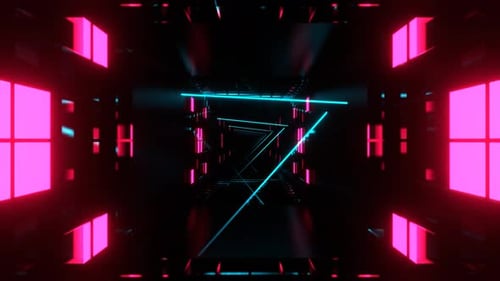 Cyan And Pink Cyber Tunnel With Glowing Neon Lines And Squares Background Vj Loop In 4K