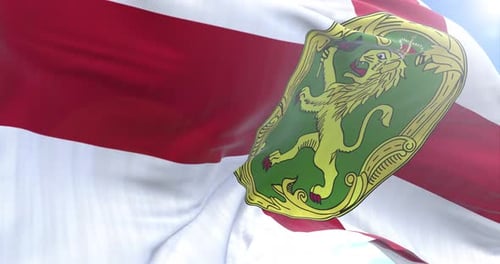 Waving Flag with Red Stripe and Lion Emblem