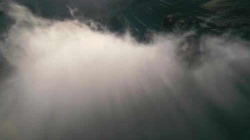 Flight Trough Misty Cloud with Rays of Sun Light in Magic Morning Nature at Sunrise