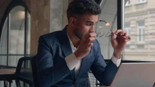 Arabian Indian Business Man Businessman Guy Male Working Laptop at Office Feel Headache Pain