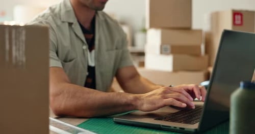 Businessman, laptop and typing with box in logistics, supply chain or inventory management