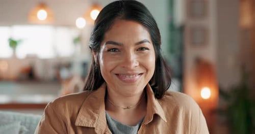 Smiling Woman Portrait in Relaxing Home Interior