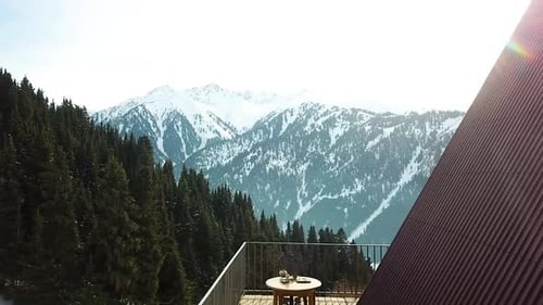 Aerial view of chalet cottages in mountain resort