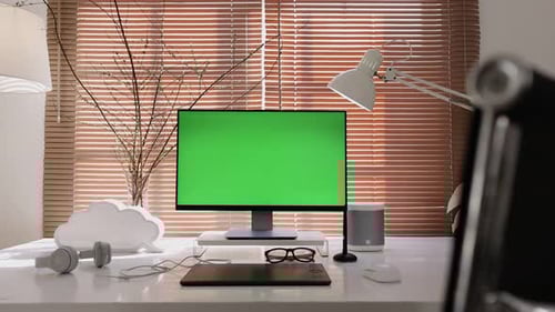Slide shot computer display monitor with green screen chroma key mock-up