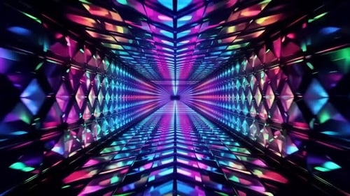 Abstract neon tunnel loop with colorful glowing geometric pa