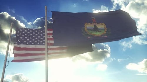 United States and Vermont Flags Waving Together