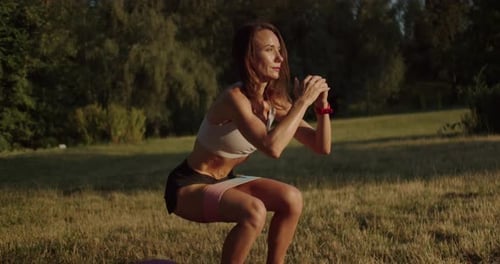 Young Woman Training with Resistance Band on a Public Park