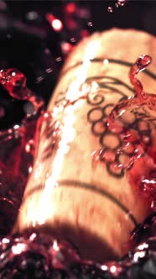 The Cork From the Bottle Falls Into the Red Wine with Splashes Filmed on a Highspeed Camera at 1000