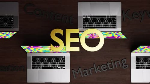 Dynamic Golden SEO Text with Corporate Laptop Animation