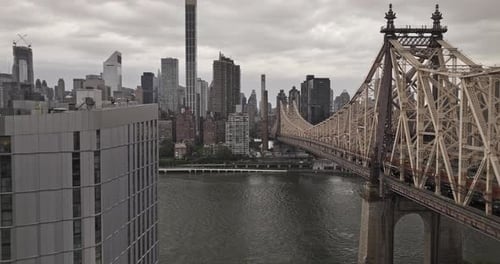 NYC New York Aerial v319 drone flyover East river and Roosevelt island along Queensboro bridge towar