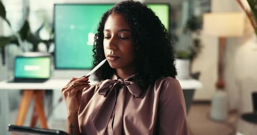 Woman, software designer and thinking with tablet for website, planning