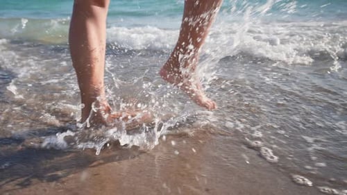 Beautiful Slim Female Legs Walk Barefoot Sea Coast