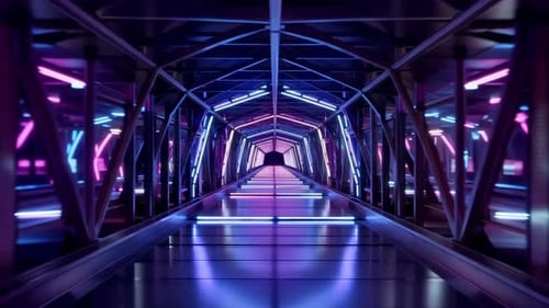 Flying Through Futuristic Neon Light Tunnel Loop