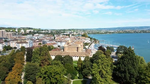 Aerial view of Morges Castle and harbor, Switzerland.