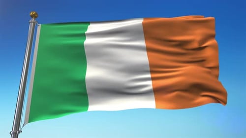 Realistic Irish Flag Waving on a Pole Against Blue Sky
