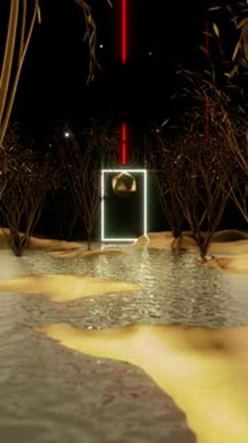 Abstract Neon Glowing Frame with Geometric Object and Water Reflections