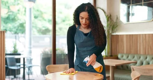 Woman, cafe and cleaning table with spray, cloth and chemical disinfection for hygiene in coffee