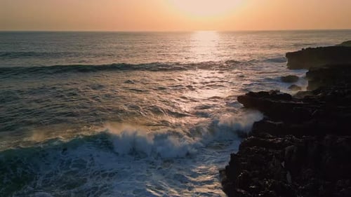 Golden Sunrise Marine Nature Aerial View Foamy Sea Washing Rocky Coast Beach