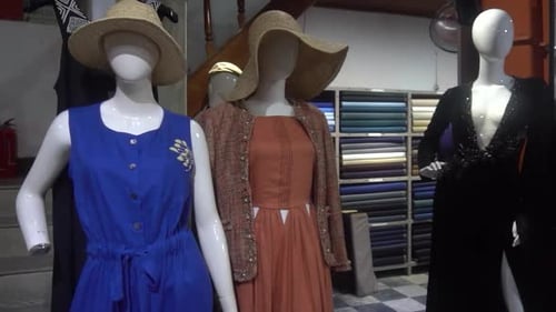 Blue and other dresses on dolls in a big shop