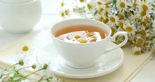 Chamomile tea with flowers in a tea cup