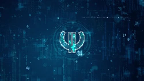 Blue digital money logo and futuristic circle HUD with big data processed on grid line background