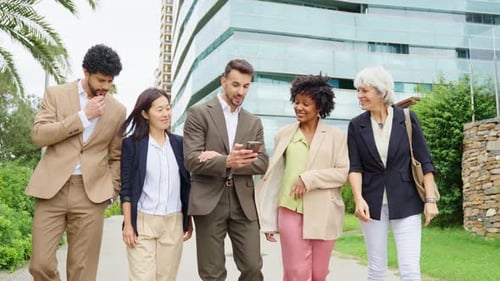 Business Multiethnic People Financial Business People Walking Outside the Office Having a