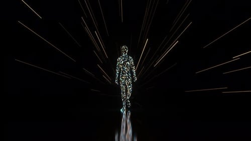 Humanoid Figure Made of Sparkling Diamonds Materializing and Walking Toward the Camera Through a