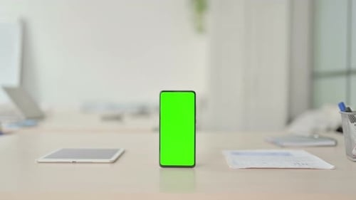 Smartphone with Green Screen on Desk, Chroma Key