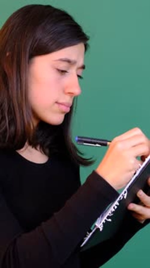 Woman Writing Green Background