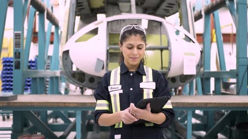 Engineer with Tablet Inspects Aircraft in Manufacturing Plant