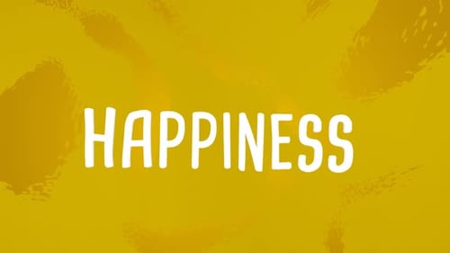 2d animated text saying happiness, abstract background