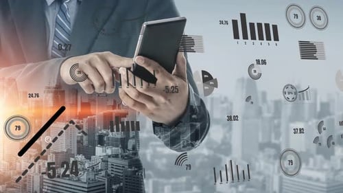 Man in Suit Using Phone with Data Overlay