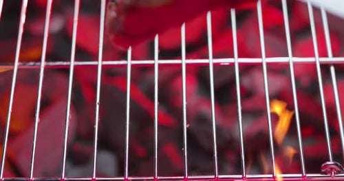 Raw ribeye steak with spices and salt falls on the barbecue grill.