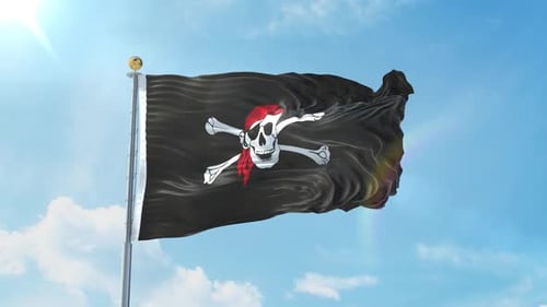 Realistic Pirate Flag Waving in Bright Blue Sky