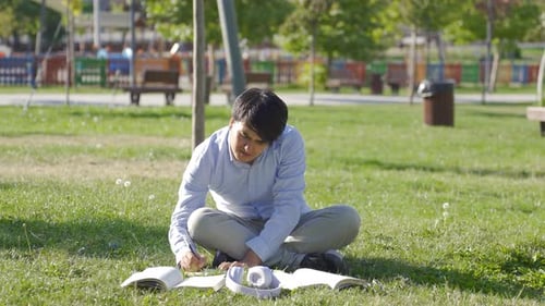 Glücklicher Student, der im Freien studiert. Student an der Universität.