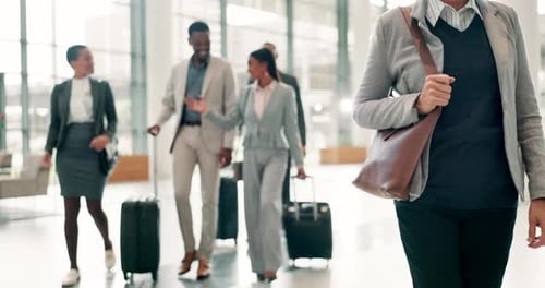 Business people, walking and suitcase at airport for travel, career opportunity or job migration