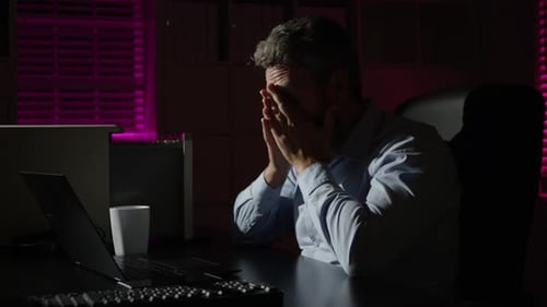 Concept of Stress and Deadline Man Night and Tired Businessman in Office Businessman Working Late at
