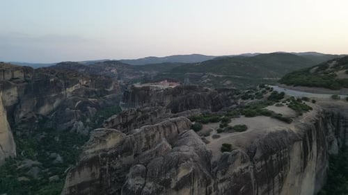 Aerial of Landscape with Monasteries and Rock Formations in Meteora, Greece