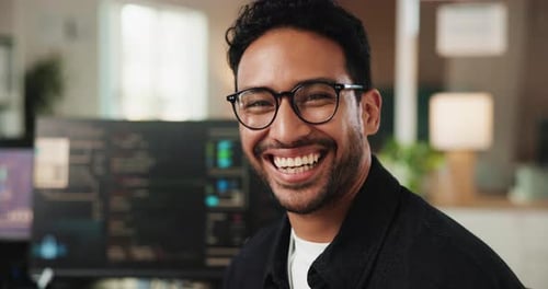 Laugh, glasses and face of businessman in office with confidence for coding career