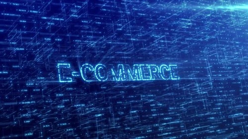 E-Commerce Text Reveal on Futuristic Digital Data Grid