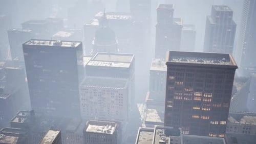 Misty City Buildings Aerial Camera Dolly Shot