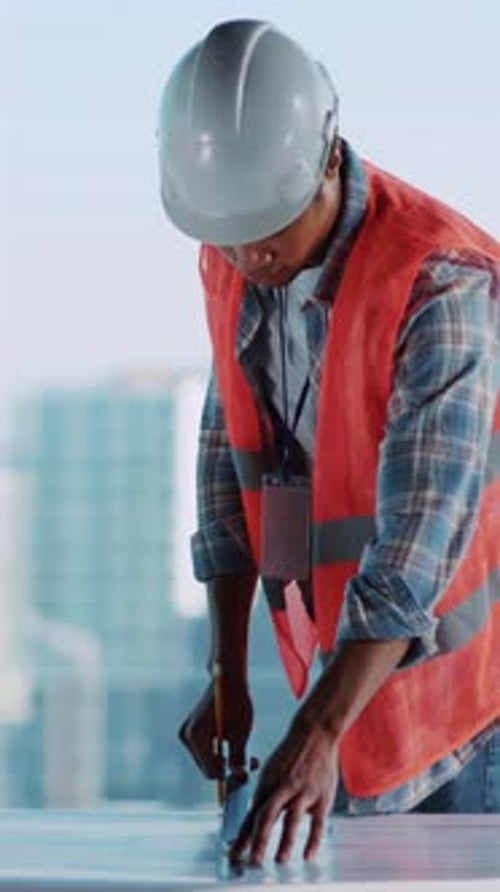 Joven ingeniero afroamericano con uniforme de seguridad que trabaja en el diseño del plan de construcción