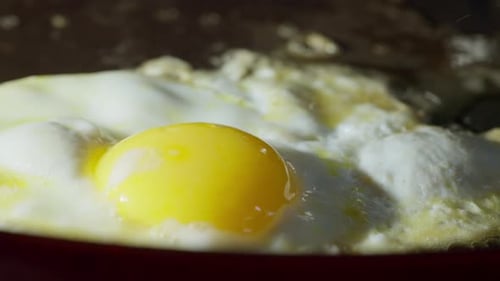 Ei in der Pfanne braten, mit einem Spatel anheben, um ein Verbrennen beim Kochen zu vermeiden