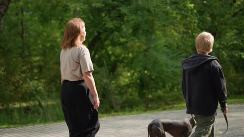 Gentle Walk Through Shaded Park Trail Respected Woman and Man Supervise Dog Along Forest Path