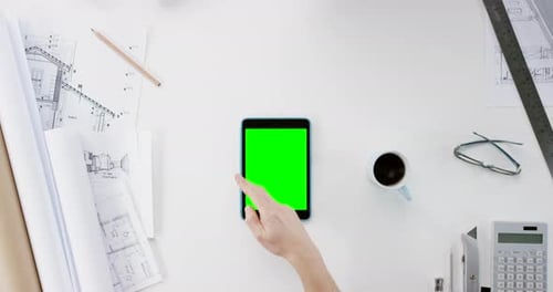 Architect, hand and tablet with green screen mockup above for advertising