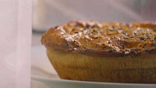 Panning View to Gourmet Chicken and Mushroom Pie on Windowsill with Seeds on Top with Rustic Texture