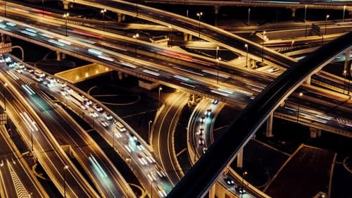 View Of Overpass, Metro And City Traffic At Night Dubai, Uae