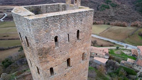 Panoramic drone view of old medieval 11th century defensive tower built at height of Reconquista